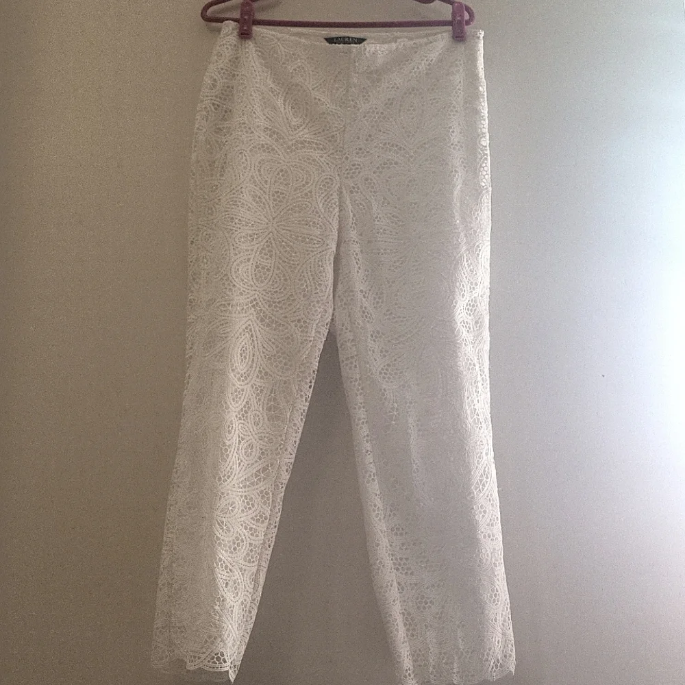 Lauren Ralph Lauren Womens Leodir Scalloped Straight Leg Pants White 8